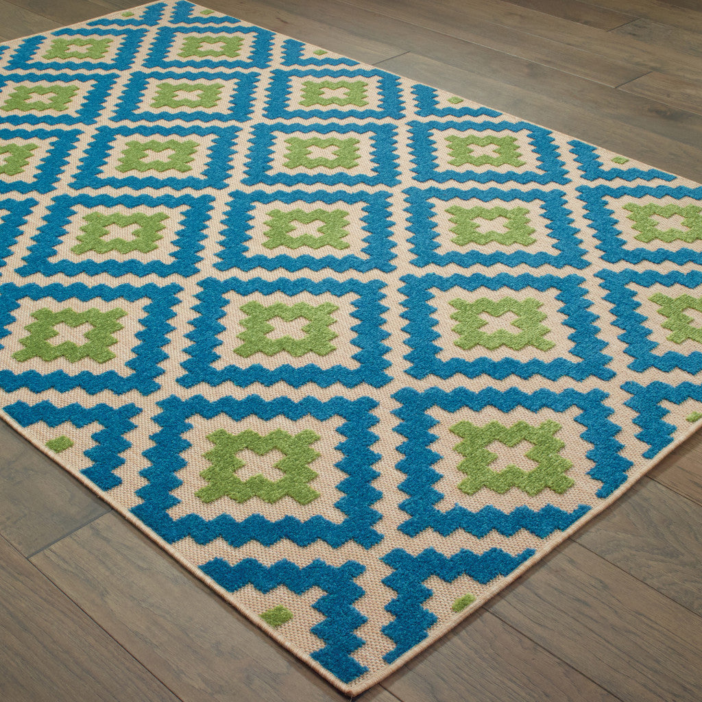 7' x 10' Blue and Beige Geometric Stain Resistant Indoor Outdoor Area Rug