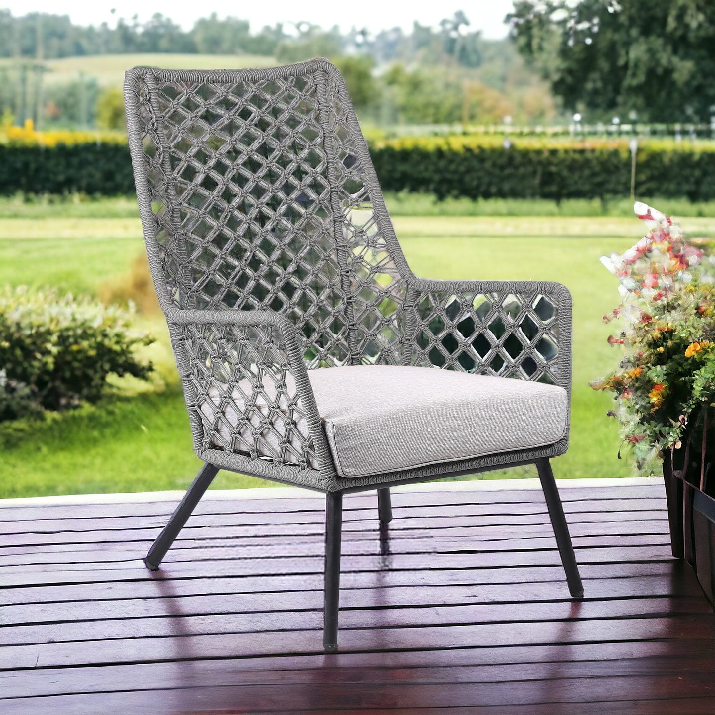 26" Gray Metal Indoor Outdoor Dining Chair with Gray Cushion