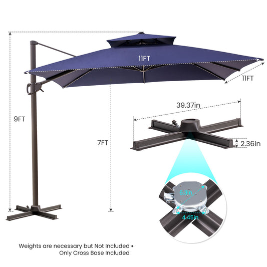 11' Navy Blue Polyester Round Tilt Cantilever Patio Umbrella With Stand