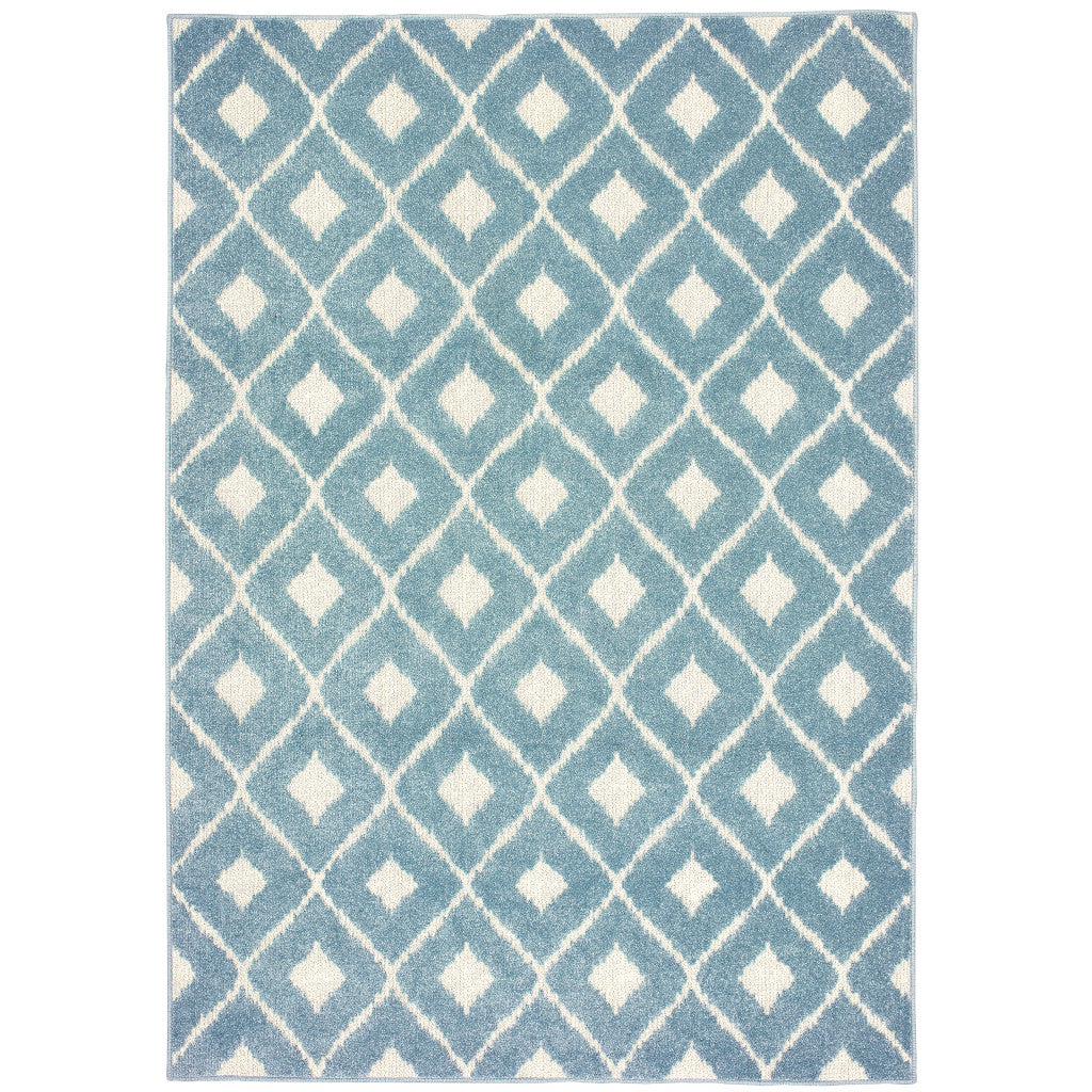 7' x 10' Blue and Ivory Geometric Stain Resistant Indoor Outdoor Area Rug