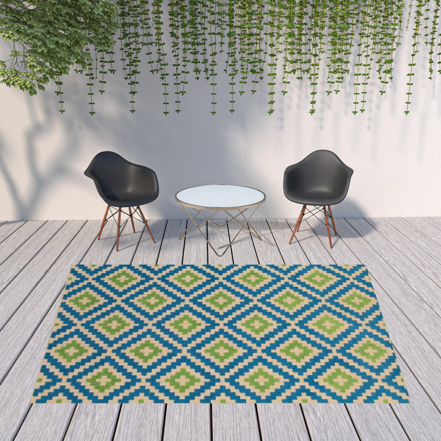 8' x 11' Blue and Beige Geometric Stain Resistant Indoor Outdoor Area Rug