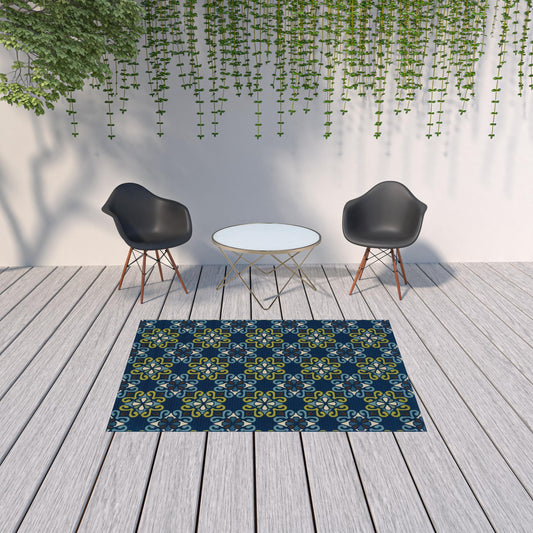 5' x 8' Blue and Green Floral Stain Resistant Indoor Outdoor Area Rug