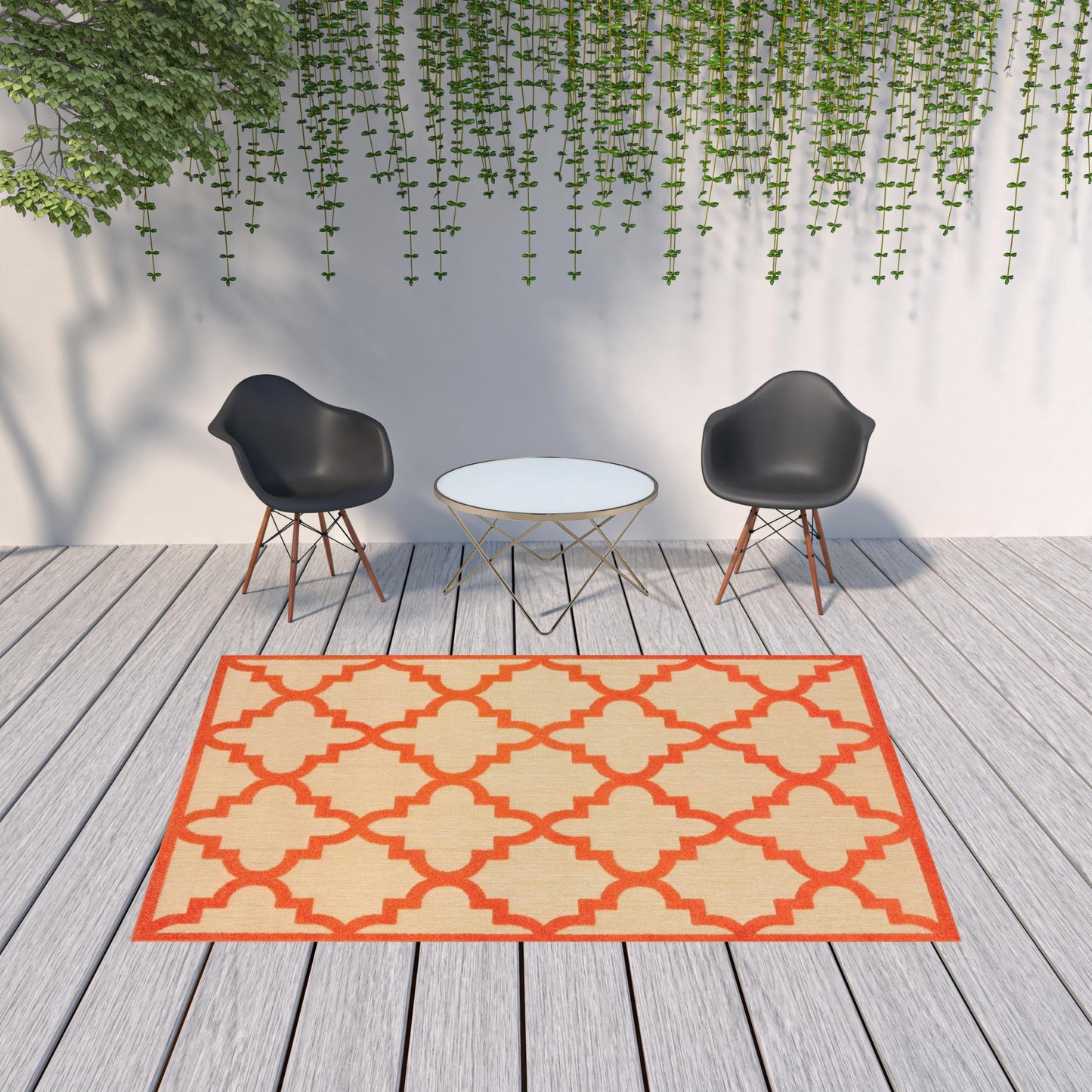 7' x 10' Orange Geometric Stain Resistant Indoor Outdoor Area Rug