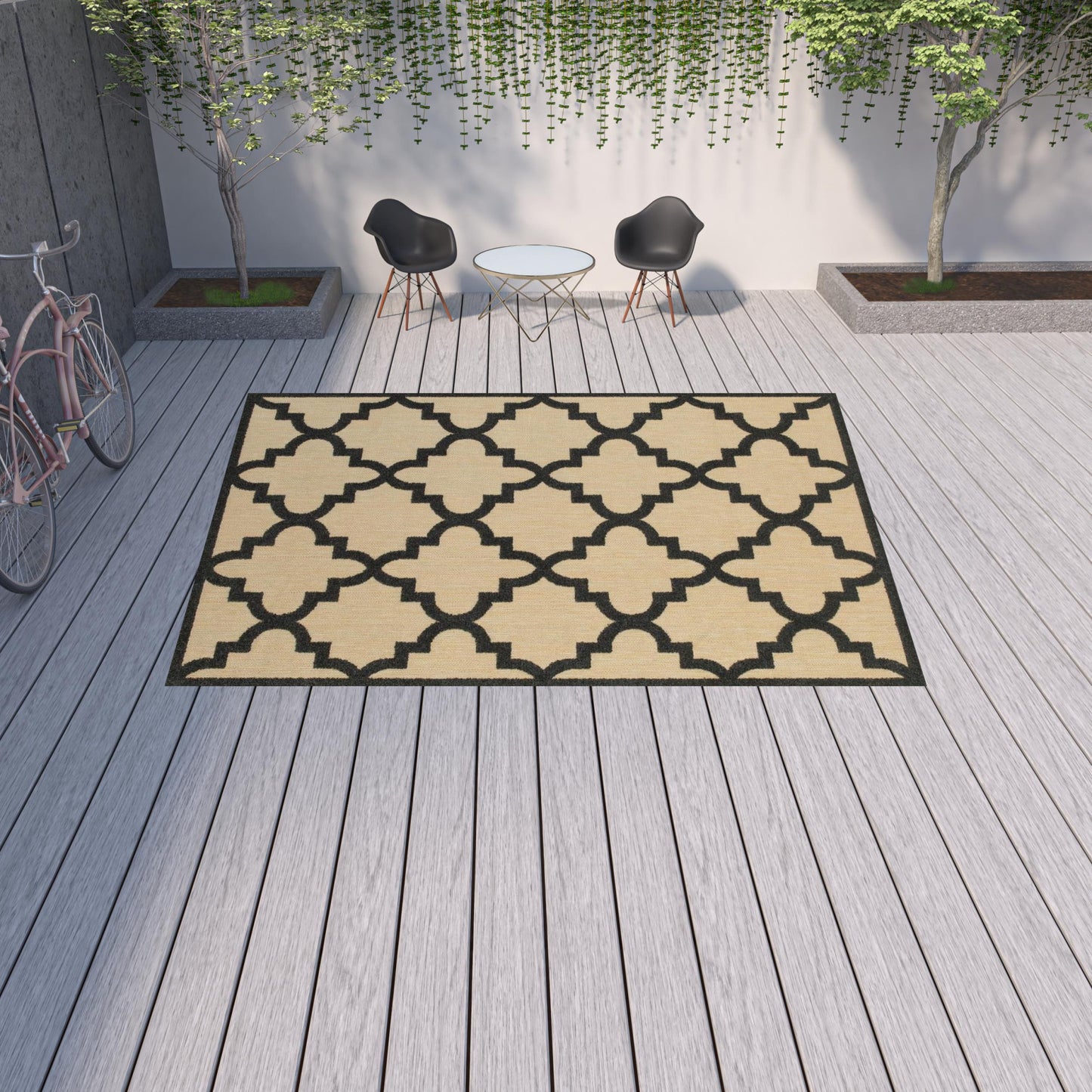 10' x 13' Beige and Black Geometric Stain Resistant Indoor Outdoor Area Rug