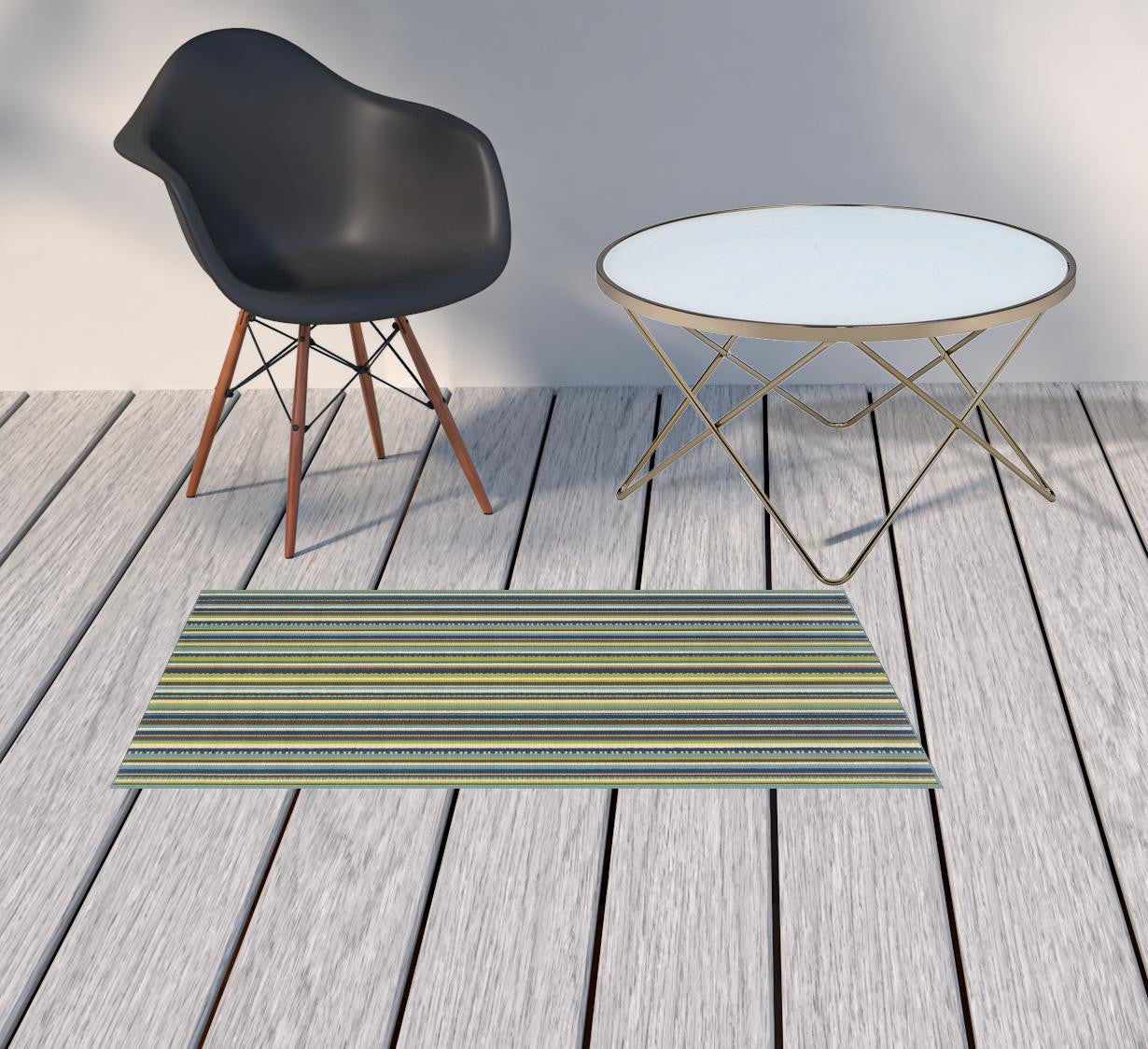 2' X 4' Blue and Green Striped Stain Resistant Indoor Outdoor Area Rug