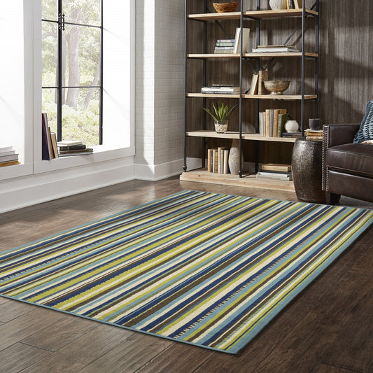 8' x 11' Blue and Green Striped Stain Resistant Indoor Outdoor Area Rug