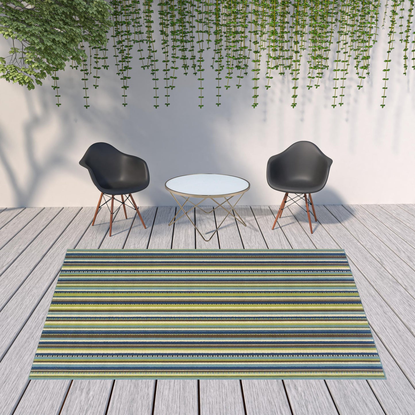 8' x 11' Blue and Green Striped Stain Resistant Indoor Outdoor Area Rug