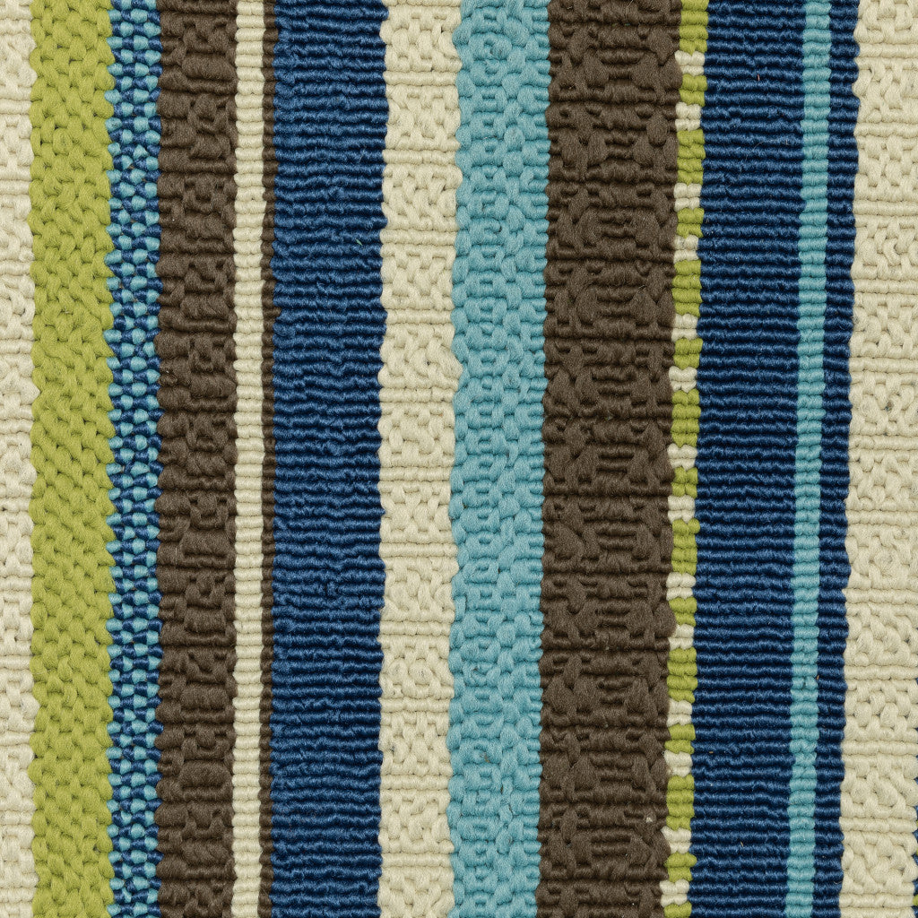 8' x 11' Blue and Green Striped Stain Resistant Indoor Outdoor Area Rug