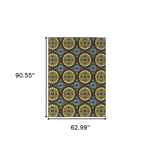 5' x 8' Blue and Green Floral Stain Resistant Indoor Outdoor Area Rug