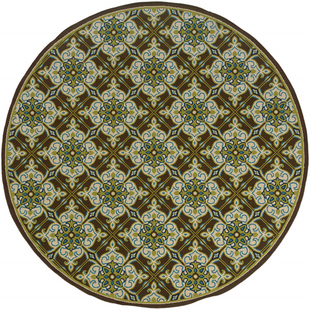 8' x 8' Brown and Ivory Round Floral Stain Resistant Indoor Outdoor Area Rug