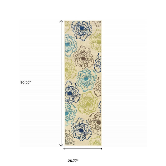 2' X 8' Green and Ivory Floral Stain Resistant Indoor Outdoor Area Rug