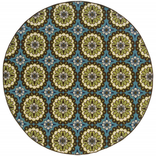 8' x 8' Blue and Green Round Floral Stain Resistant Indoor Outdoor Area Rug