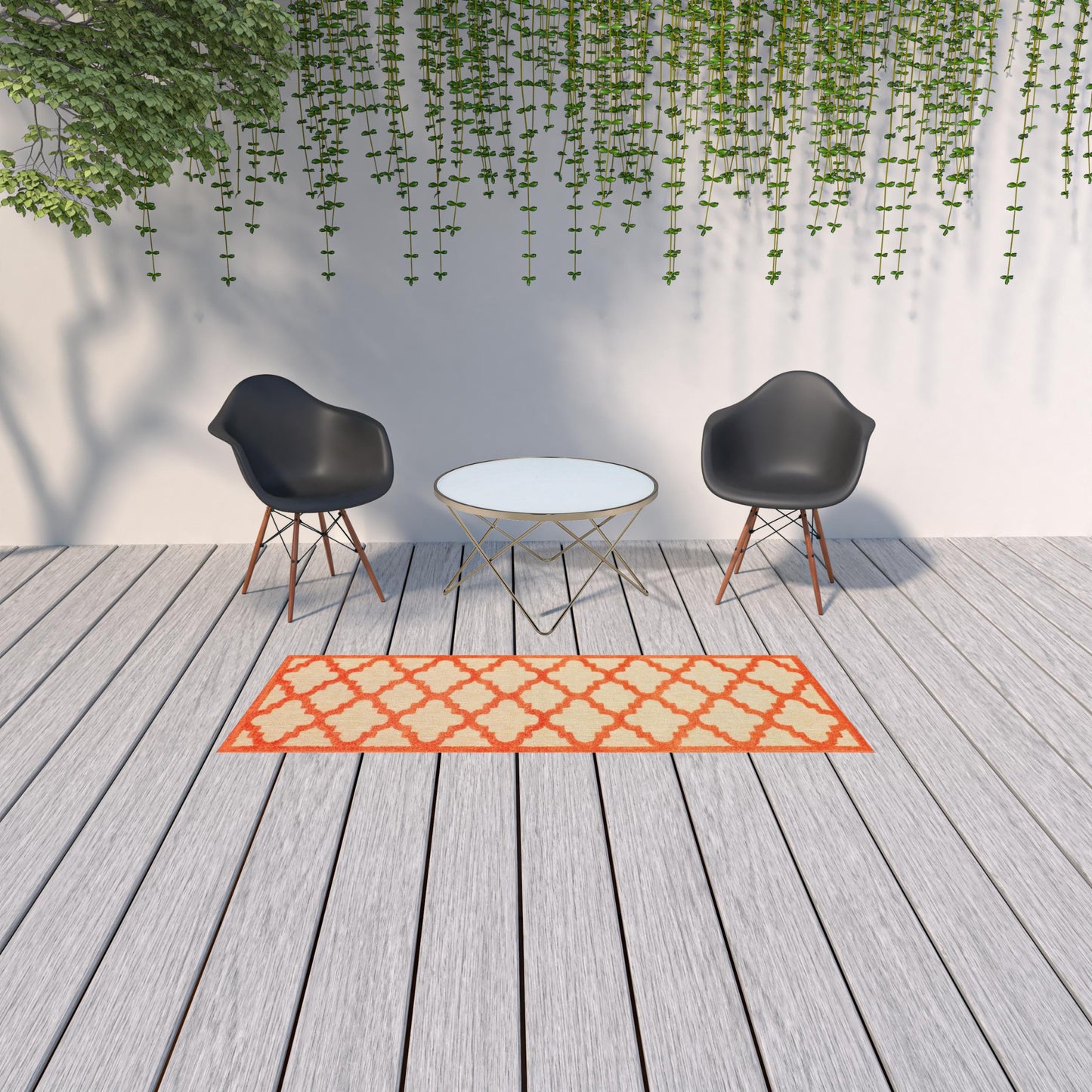 2' X 8' Orange Geometric Stain Resistant Indoor Outdoor Area Rug