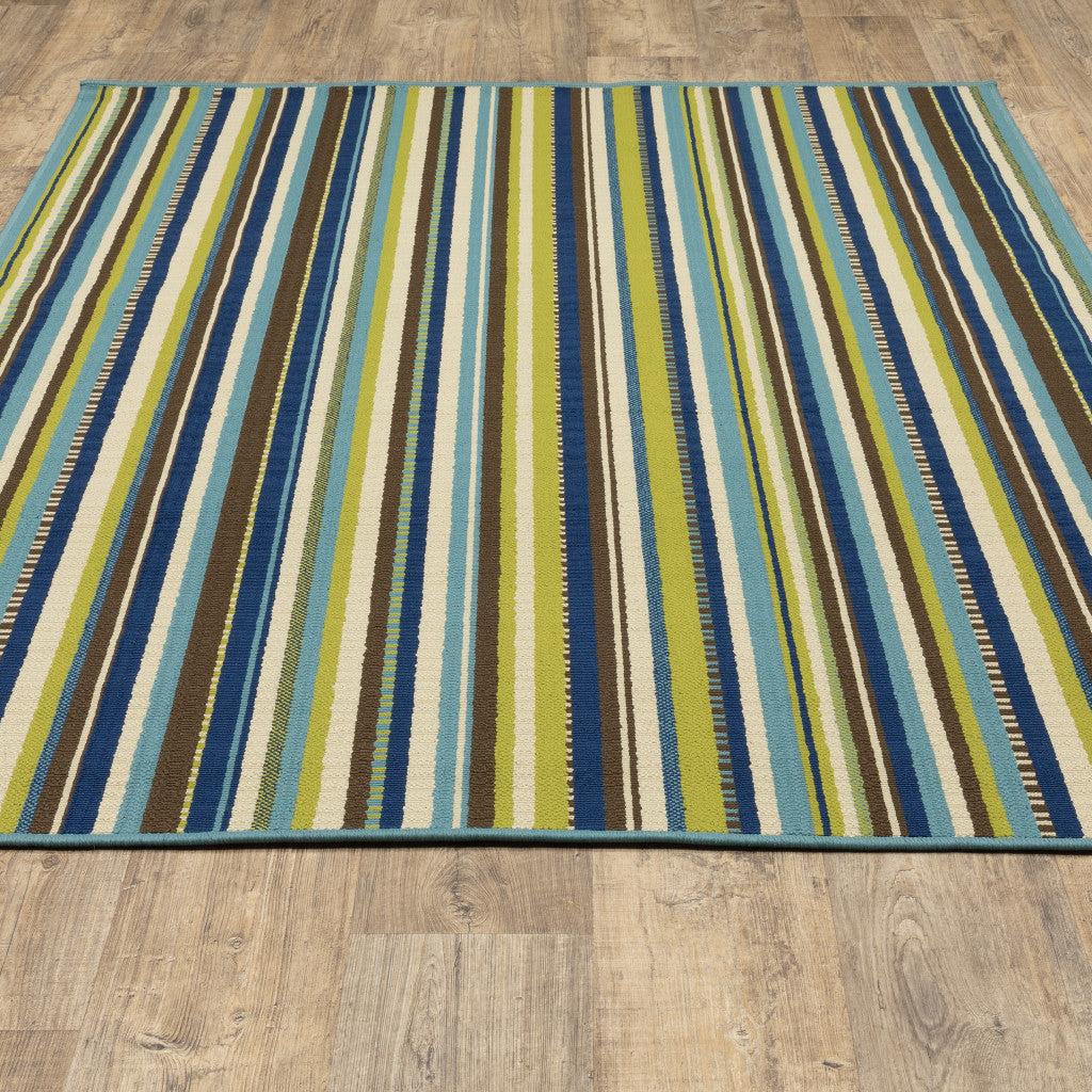 2' X 4' Blue and Green Striped Stain Resistant Indoor Outdoor Area Rug