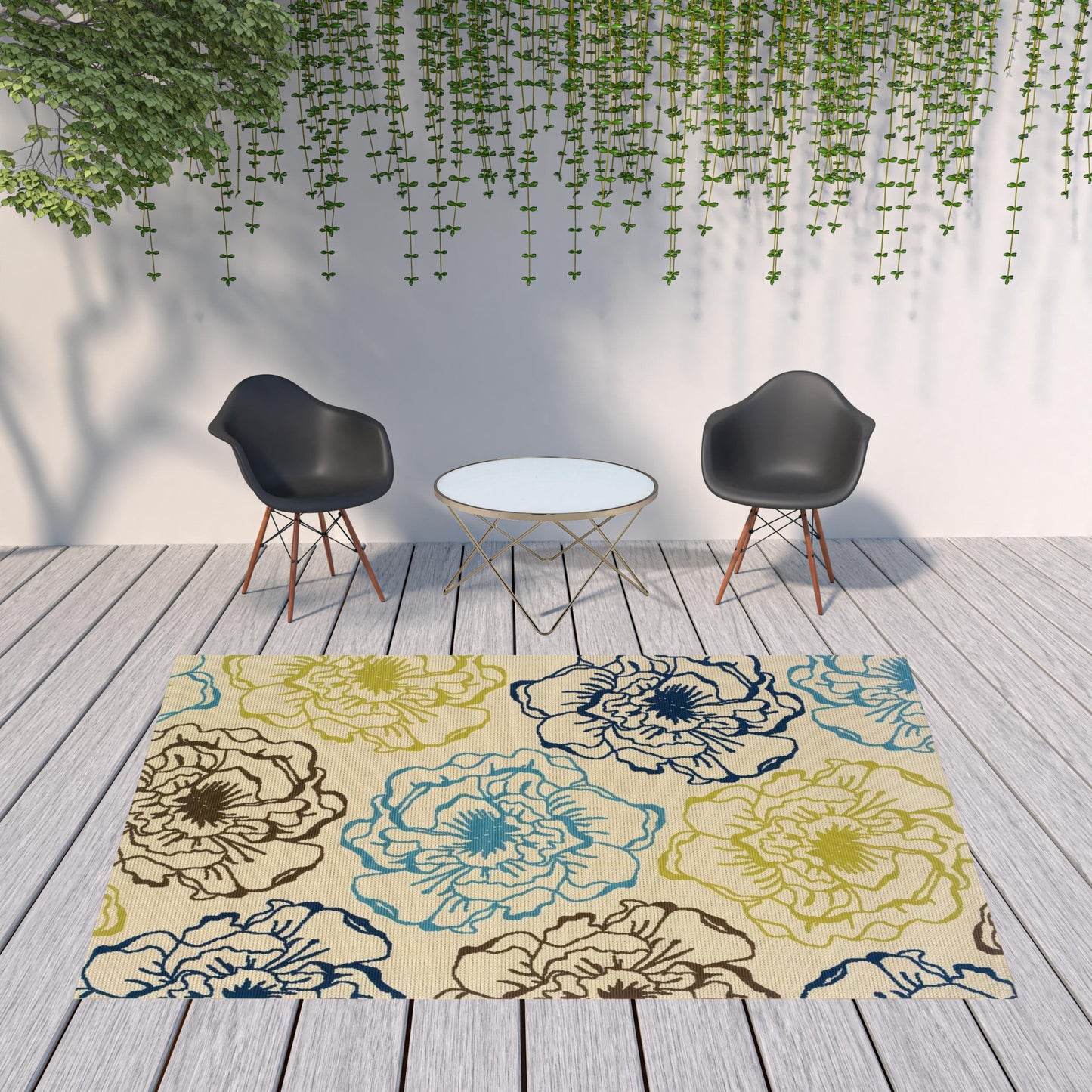 8' x 11' Green and Ivory Floral Stain Resistant Indoor Outdoor Area Rug