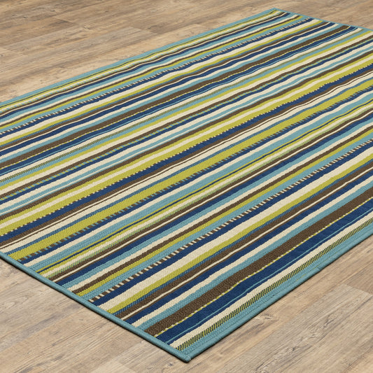 5' x 8' Blue and Green Striped Stain Resistant Indoor Outdoor Area Rug