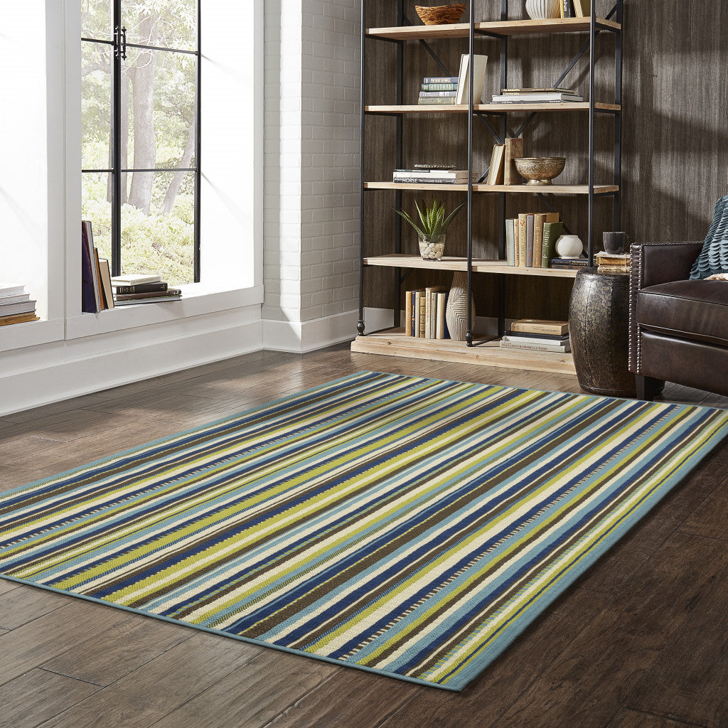 5' x 8' Blue and Green Striped Stain Resistant Indoor Outdoor Area Rug