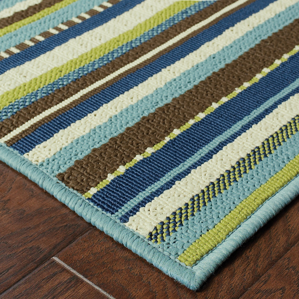 5' x 8' Blue and Green Striped Stain Resistant Indoor Outdoor Area Rug