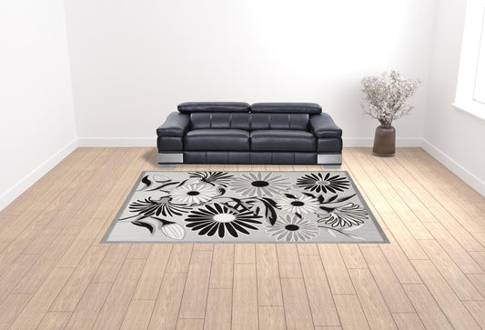 9' X 12' Black And White Floral Stain Resistant Non Skid Area Rug