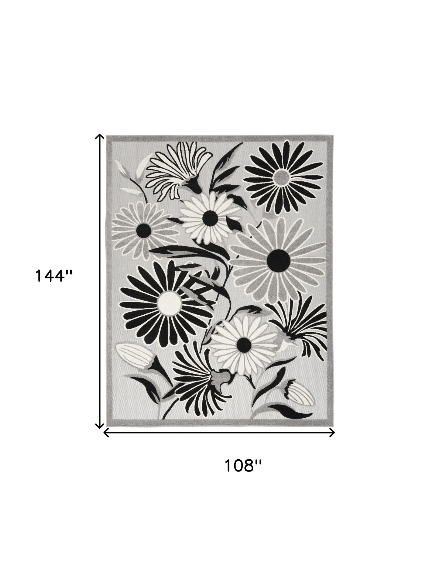 9' X 12' Black And White Floral Stain Resistant Non Skid Area Rug