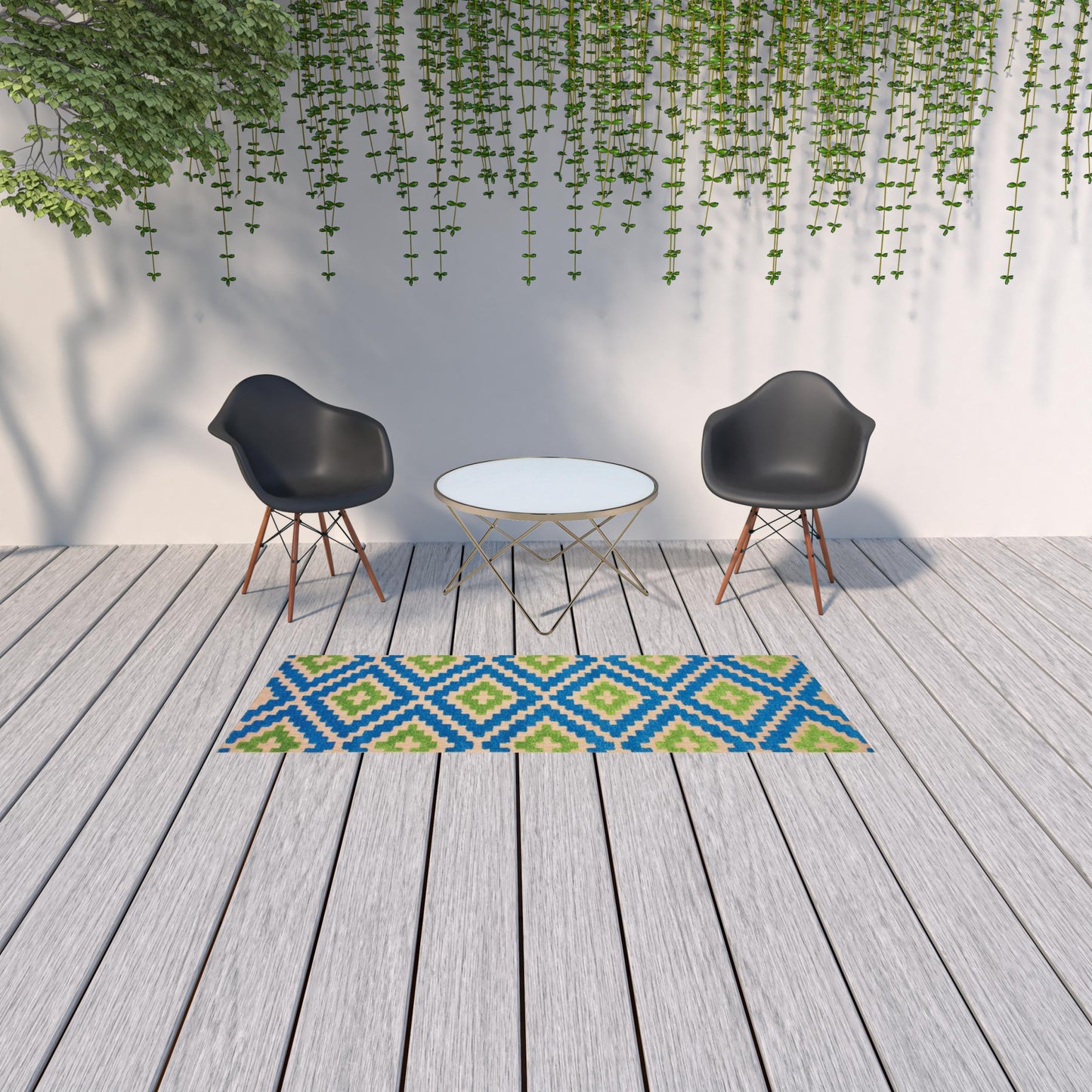 2' X 8' Blue and Beige Geometric Stain Resistant Indoor Outdoor Area Rug