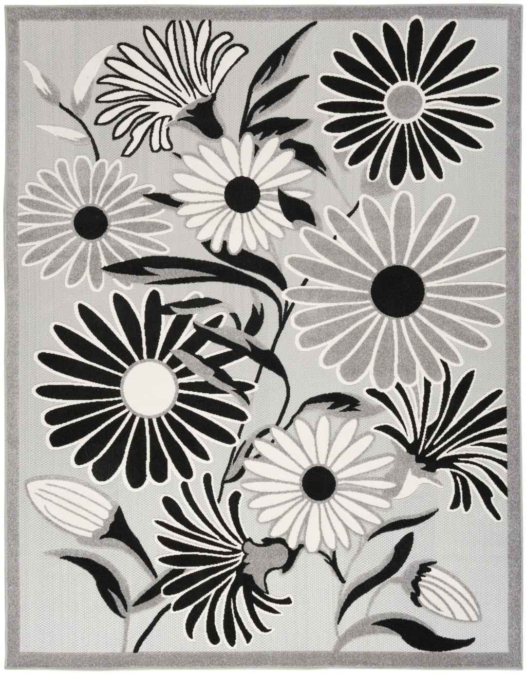 7' X 10' Black And White Floral Stain Resistant Non Skid Area Rug