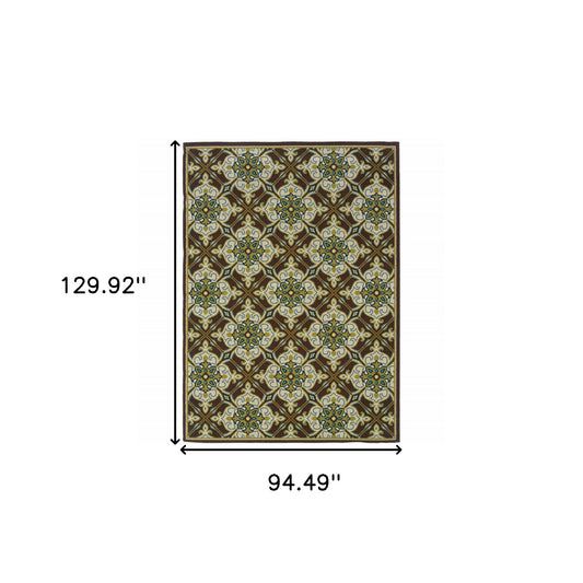 8' x 11' Brown and Ivory Floral Stain Resistant Indoor Outdoor Area Rug