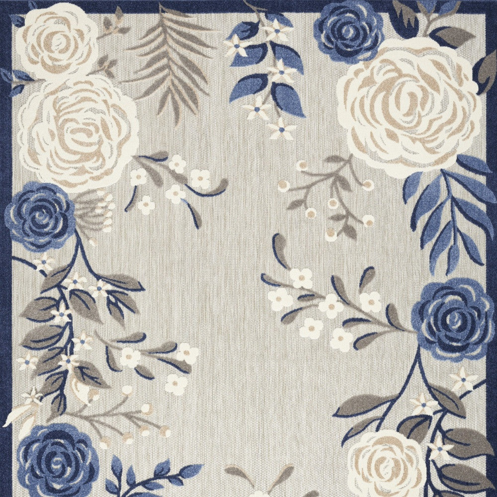 5' X 8' Blue And Grey Floral Stain Resistant Non Skid Area Rug