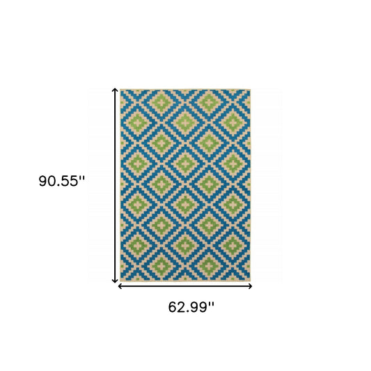 5' x 8' Blue and Beige Geometric Stain Resistant Indoor Outdoor Area Rug