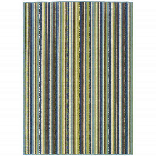 7' x 10' Blue and Green Striped Stain Resistant Indoor Outdoor Area Rug