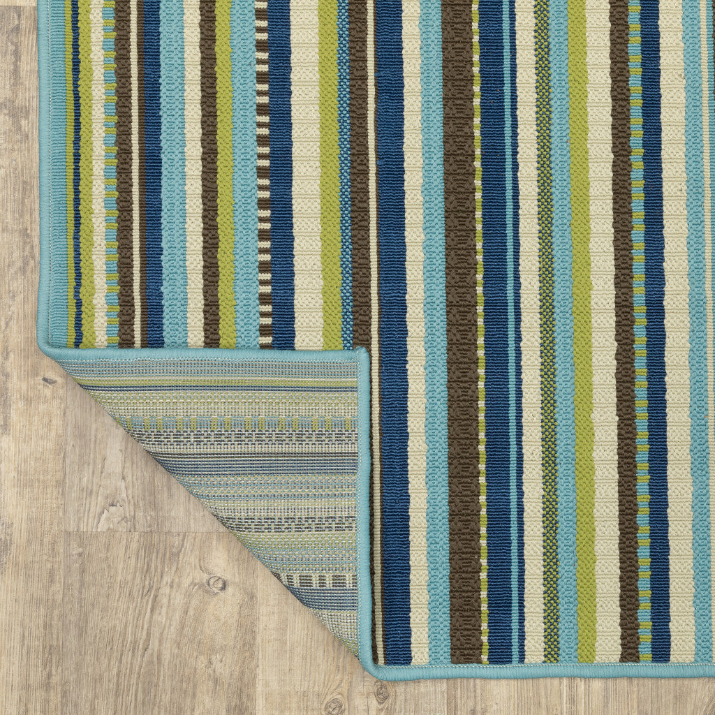 7' x 10' Blue and Green Striped Stain Resistant Indoor Outdoor Area Rug