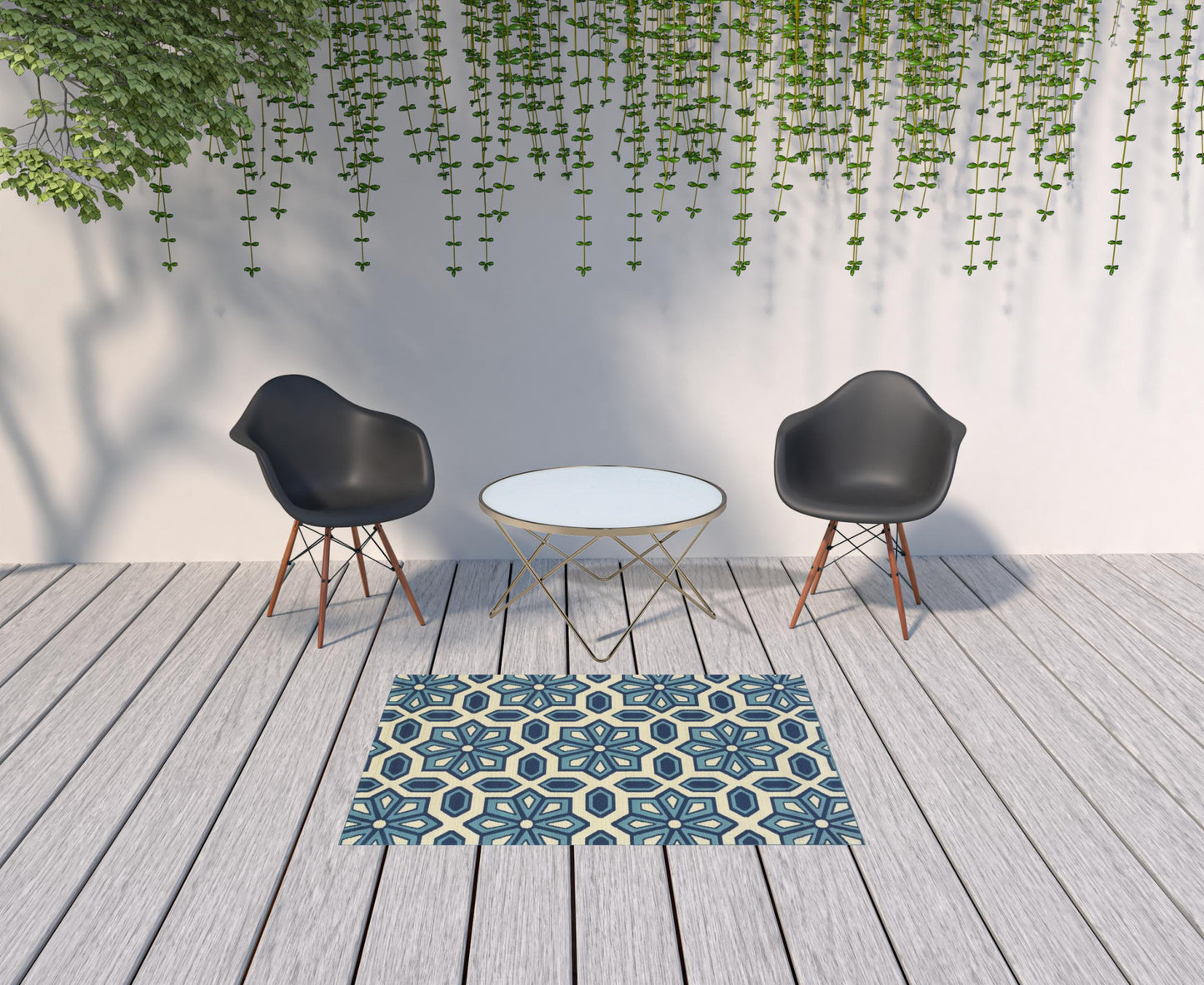 4' x 6' Ivory and Blue Geometric Stain Resistant Indoor Outdoor Area Rug