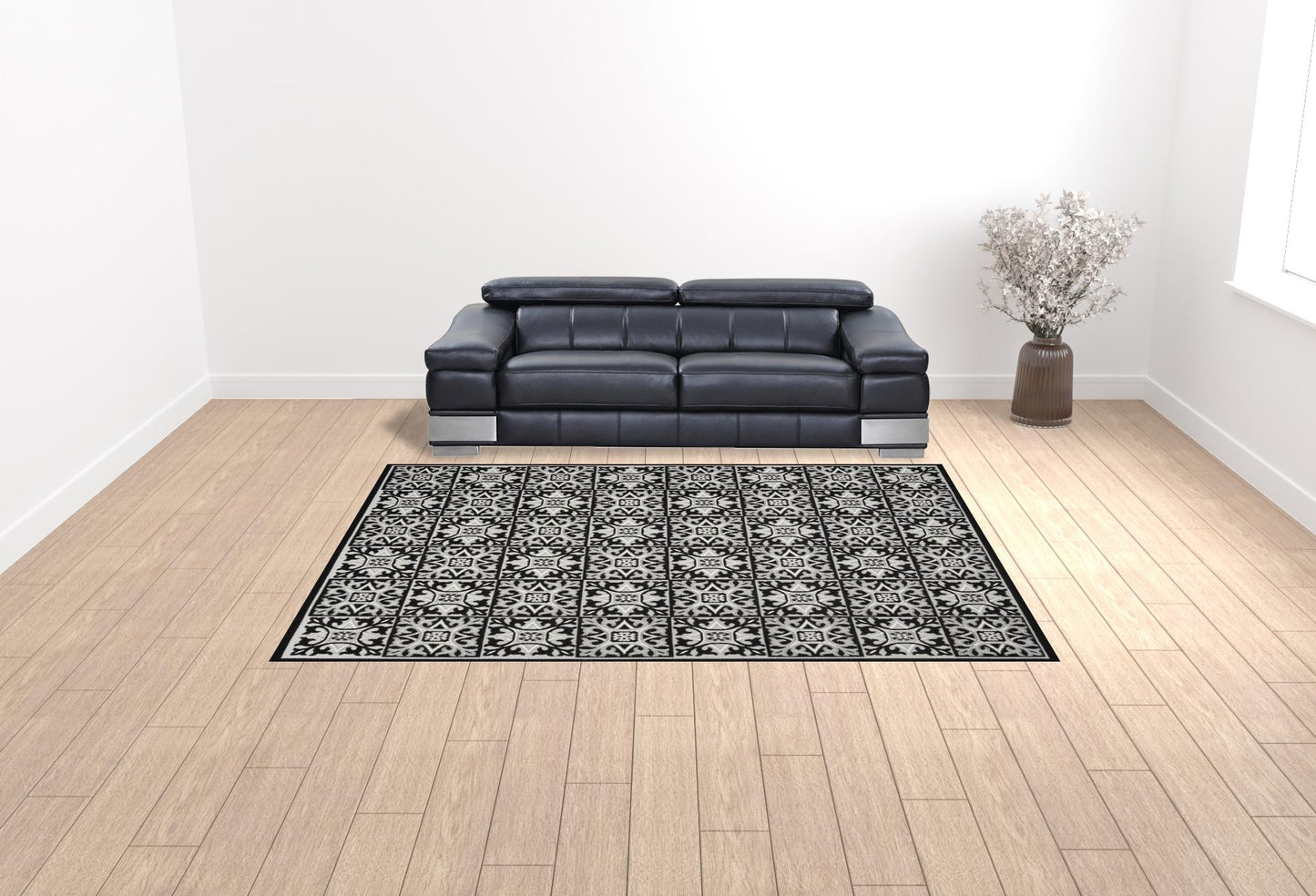 9' X 12' Black And White Fleur De Lis Stain Resistant Non Skid Area Rug