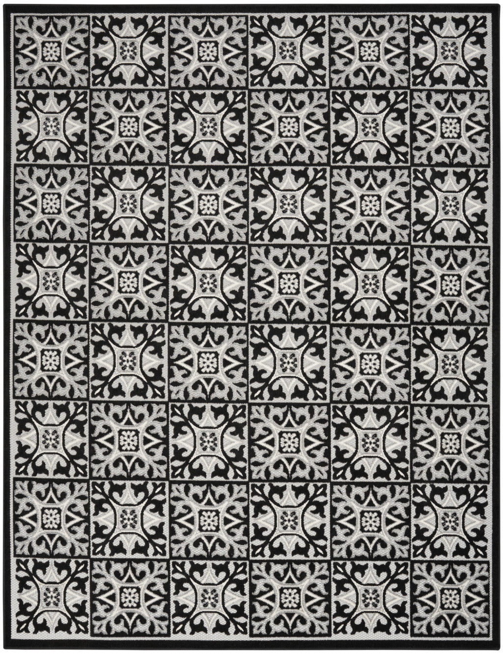 9' X 12' Black And White Fleur De Lis Stain Resistant Non Skid Area Rug