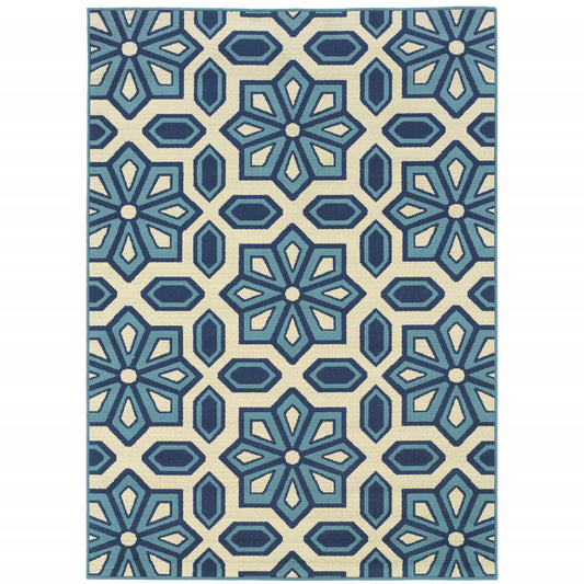 5' x 8' Ivory and Blue Geometric Stain Resistant Indoor Outdoor Area Rug