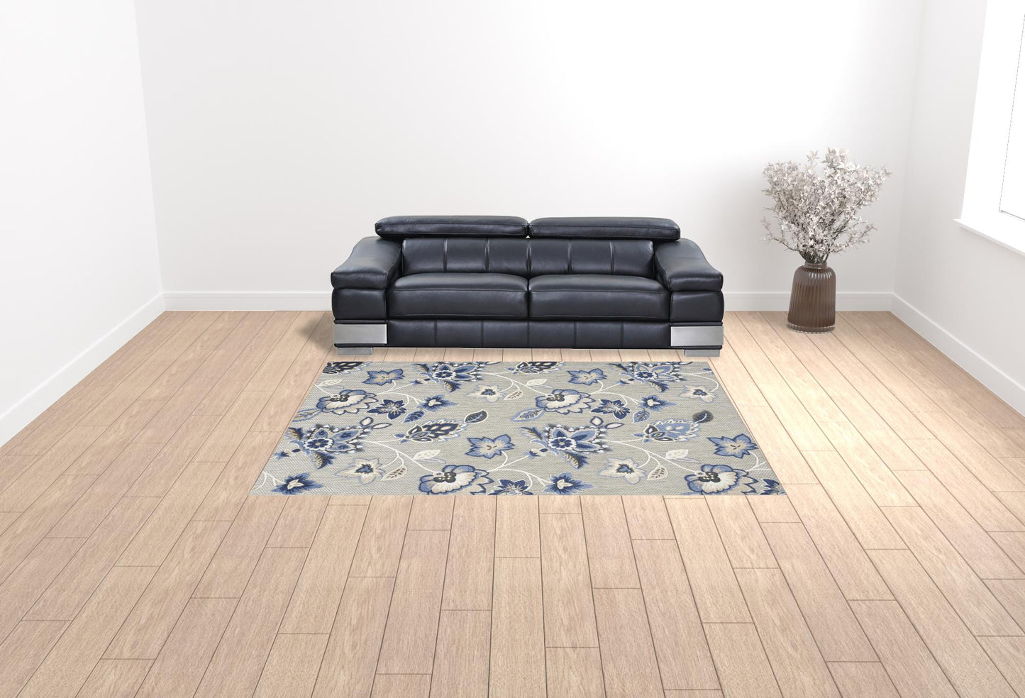 8' X 11' Blue And Grey Floral Stain Resistant Non Skid Area Rug