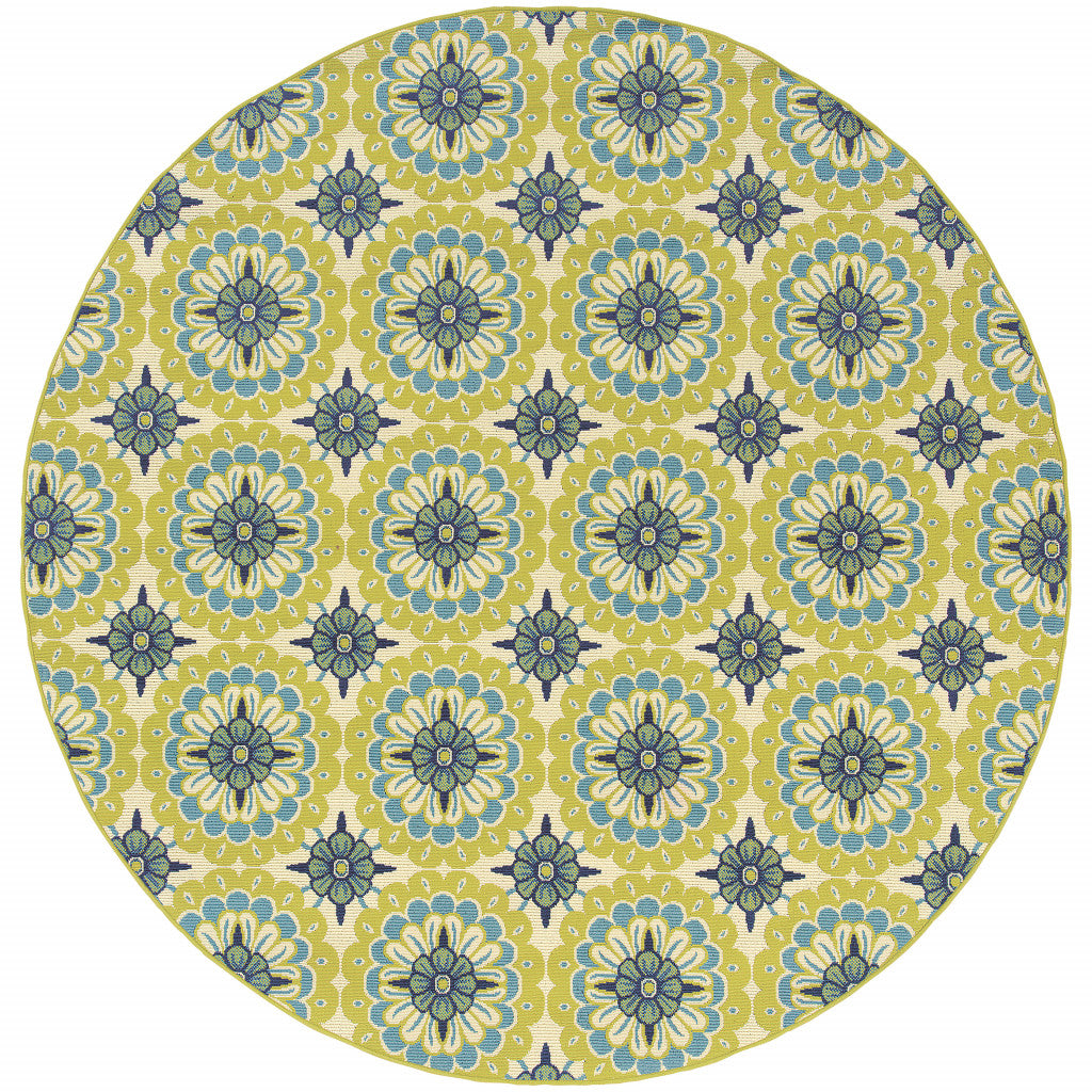 8' x 8' Green and Ivory Round Floral Stain Resistant Indoor Outdoor Area Rug