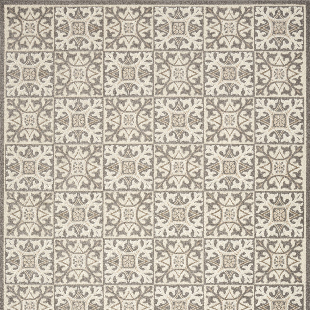 9' X 12' Ivory And Grey Fleur De Lis Stain Resistant Non Skid Area Rug