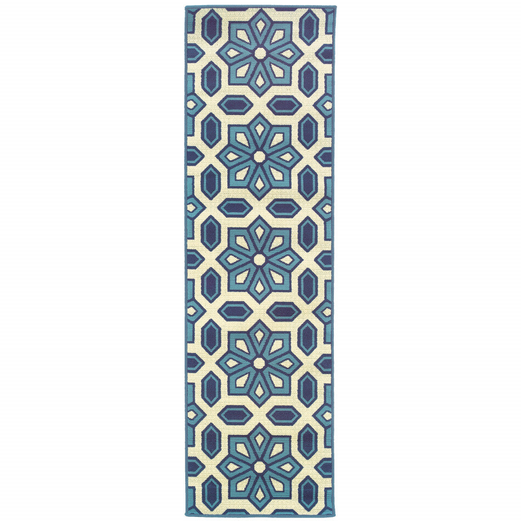 2' X 8' Ivory and Blue Geometric Stain Resistant Indoor Outdoor Area Rug