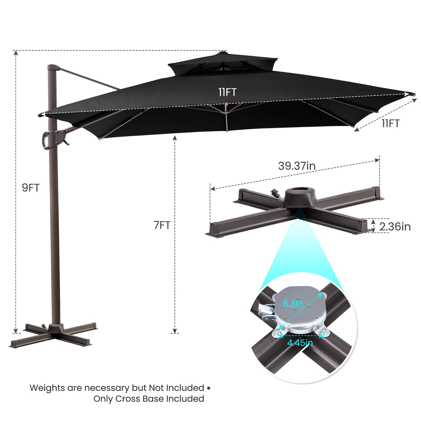 11' Black Polyester Round Tilt Cantilever Patio Umbrella With Stand