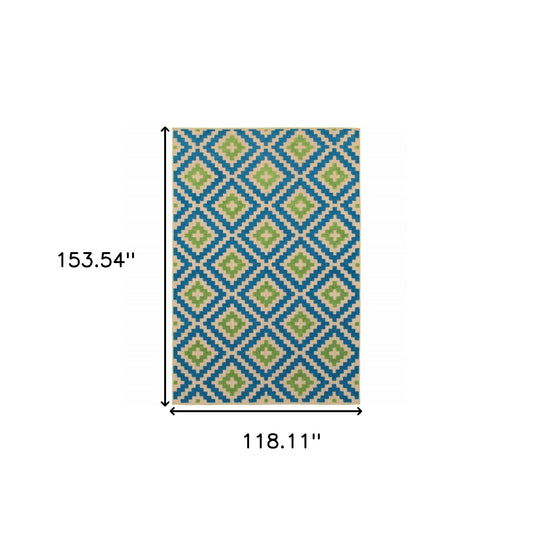 10' x 13' Blue and Beige Geometric Stain Resistant Indoor Outdoor Area Rug