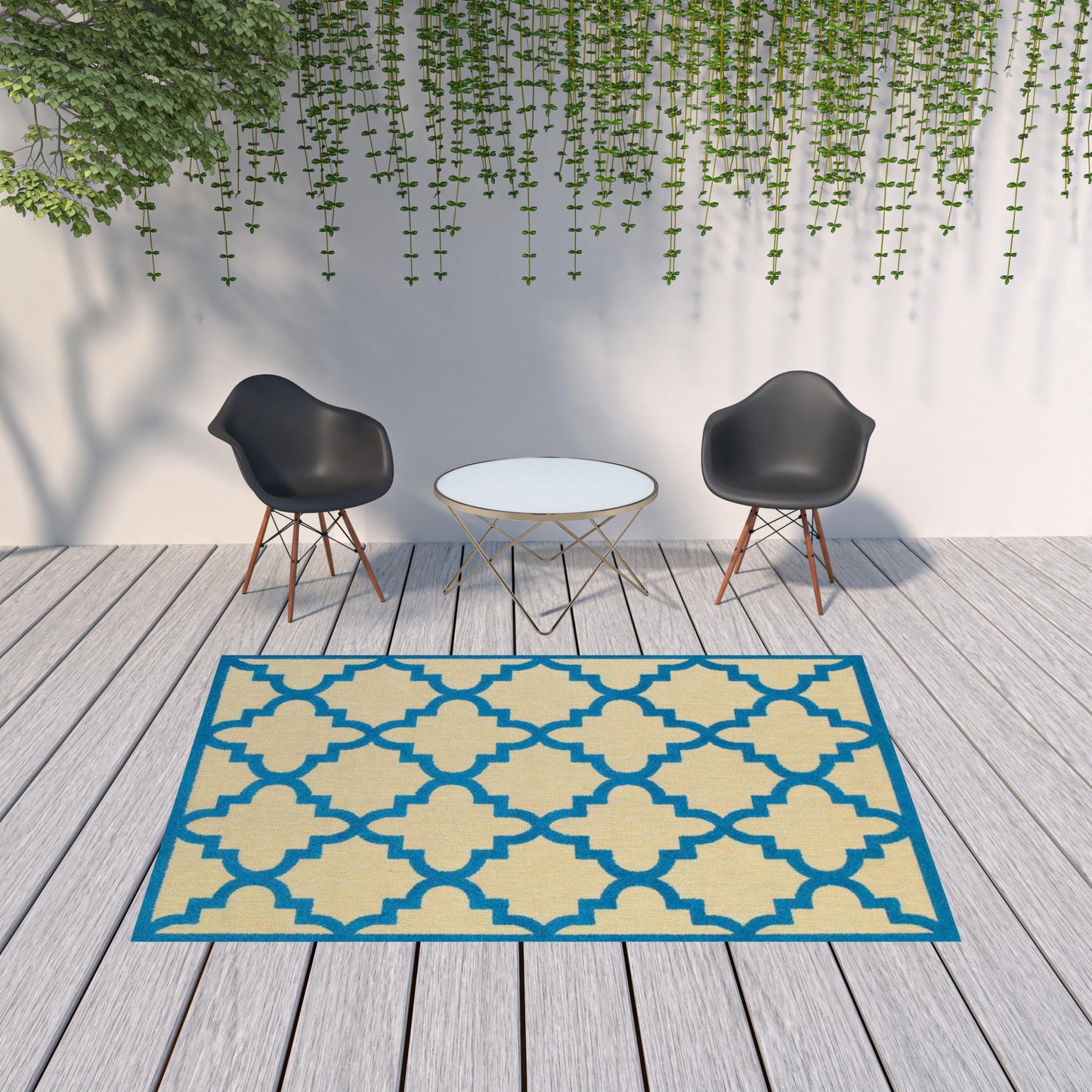 7' x 10' Blue and Beige Geometric Stain Resistant Indoor Outdoor Area Rug