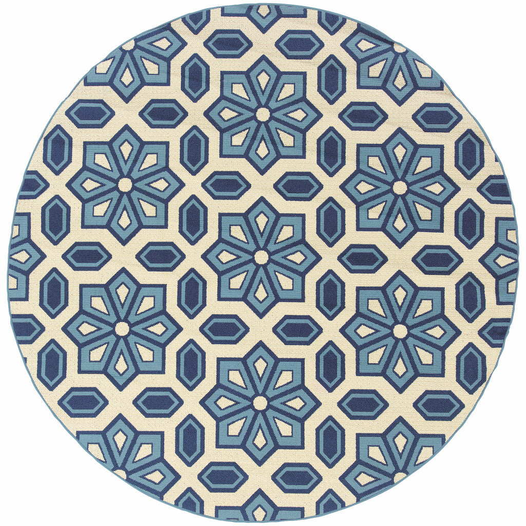 8' x 8' Ivory and Blue Round Geometric Stain Resistant Indoor Outdoor Area Rug