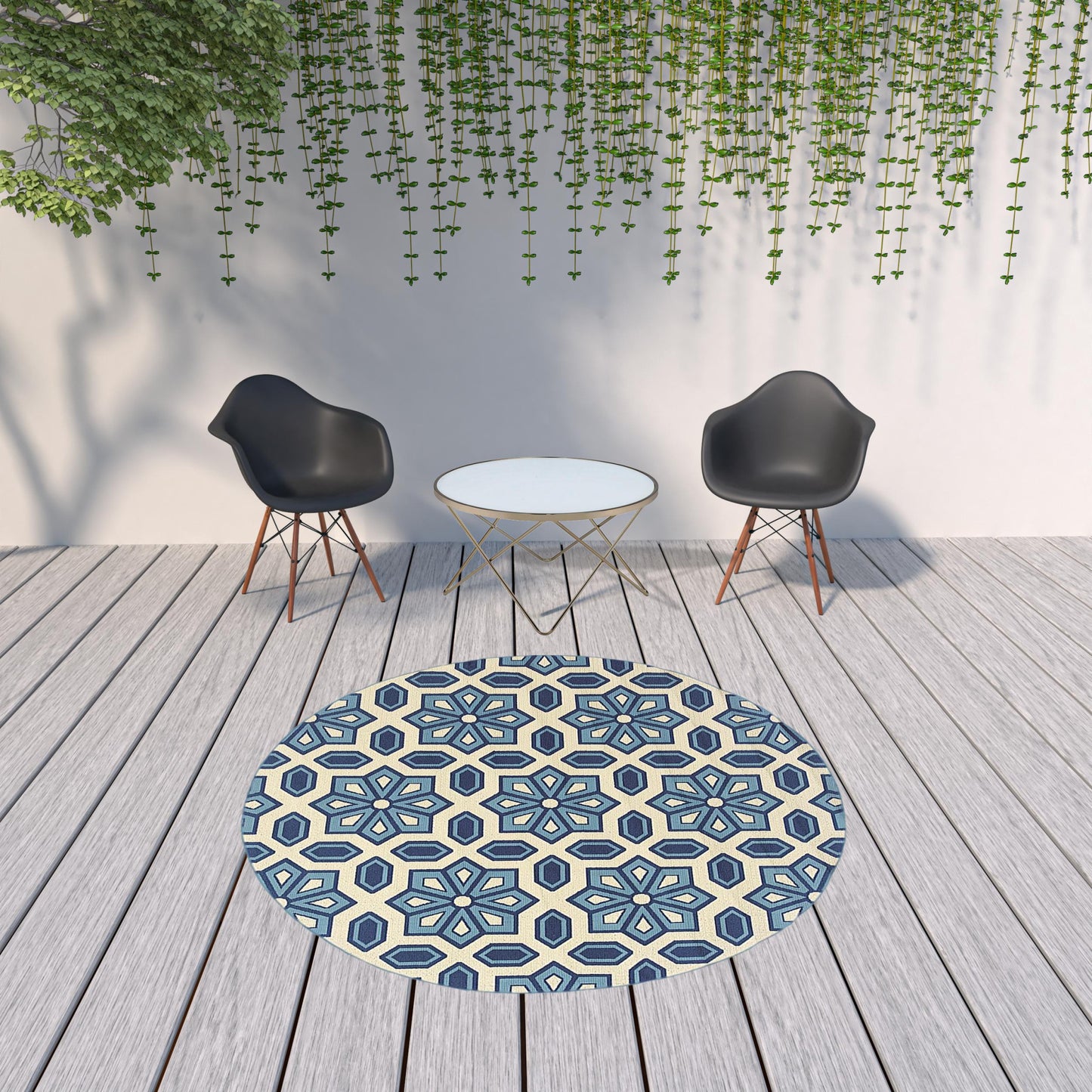 8' x 8' Ivory and Blue Round Geometric Stain Resistant Indoor Outdoor Area Rug