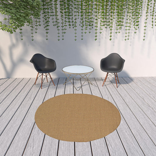 8' x 8' Tan Round Striped Stain Resistant Indoor Outdoor Area Rug