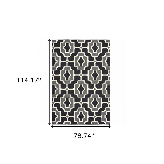 7' x 10' Black and Gray Geometric Stain Resistant Indoor Outdoor Area Rug