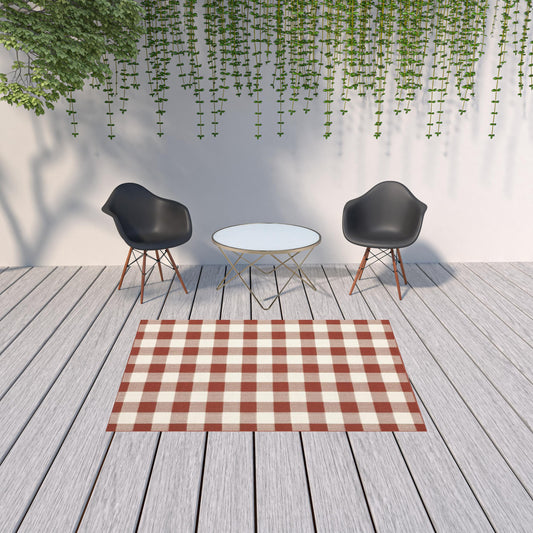 5' x 8' Red and Ivory Geometric Stain Resistant Indoor Outdoor Area Rug