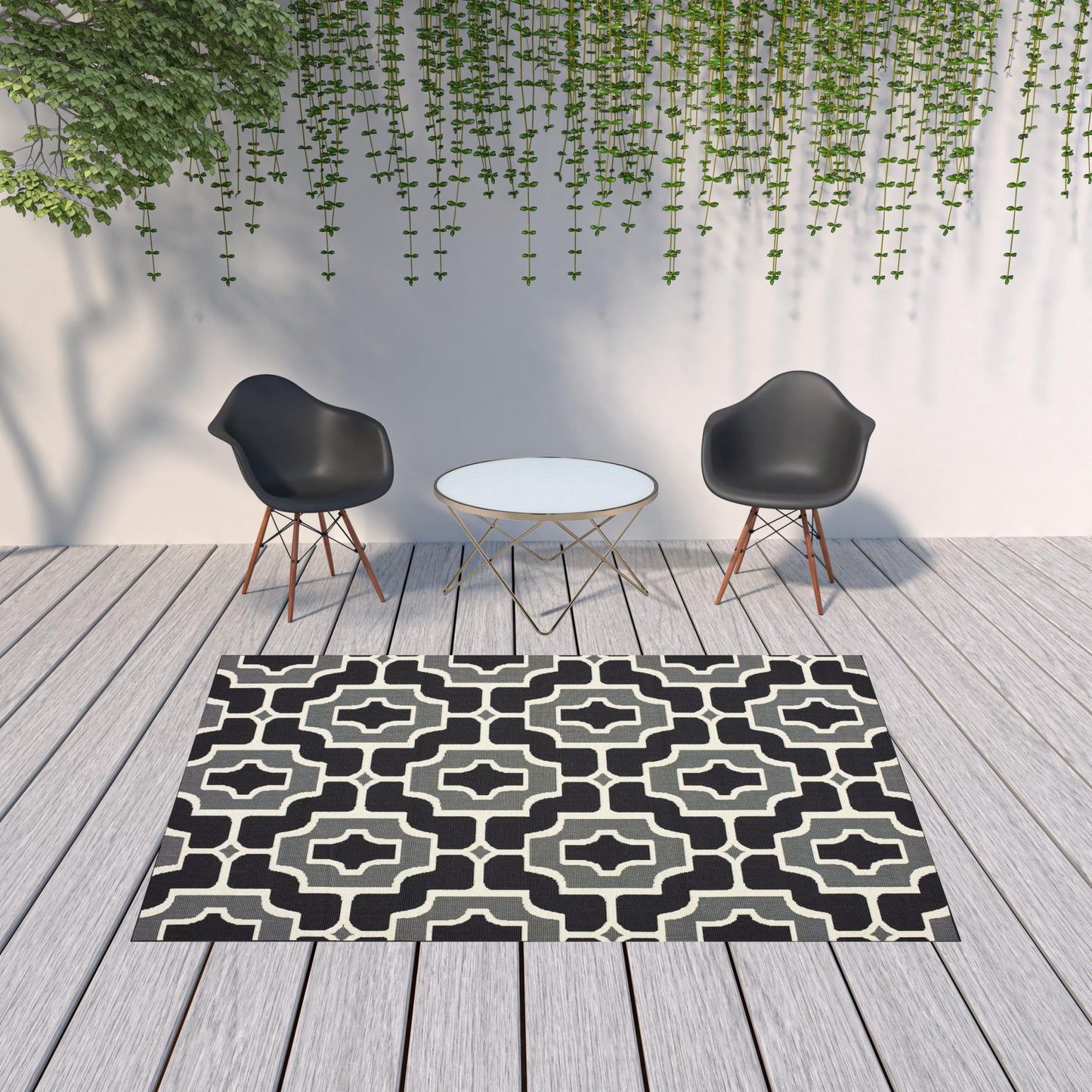 7' x 10' Black and Gray Geometric Stain Resistant Indoor Outdoor Area Rug