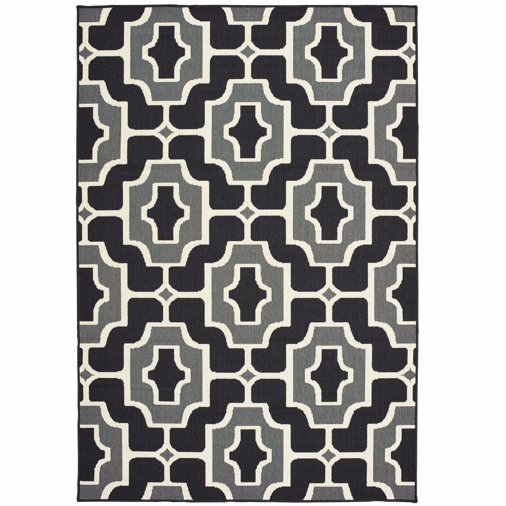 7' x 10' Black and Gray Geometric Stain Resistant Indoor Outdoor Area Rug