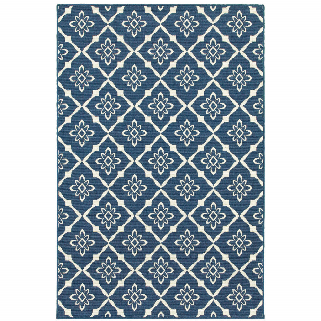 8' x 11' Blue and Ivory Floral Stain Resistant Indoor Outdoor Area Rug